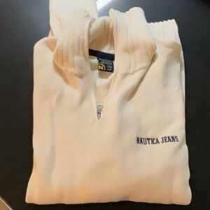 Men’s L Nautica Jeans Half-Zip Cream Pullover Sweater
